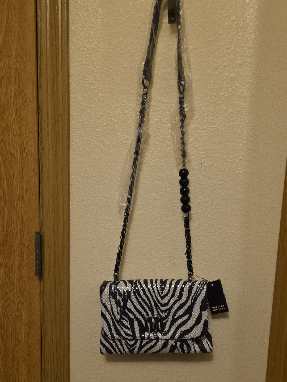 Badgley Mischka Black and White Zebra Sequin Crossbody
